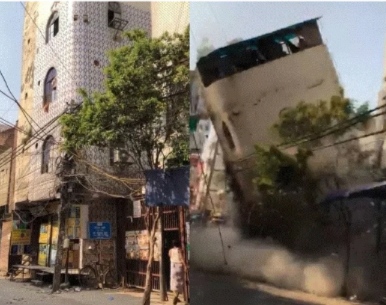 दिल्ली में हुआ हादसा: ताश के पत्तों की तरह ढहा 5 मंजिला मकान, देखें वीडियो